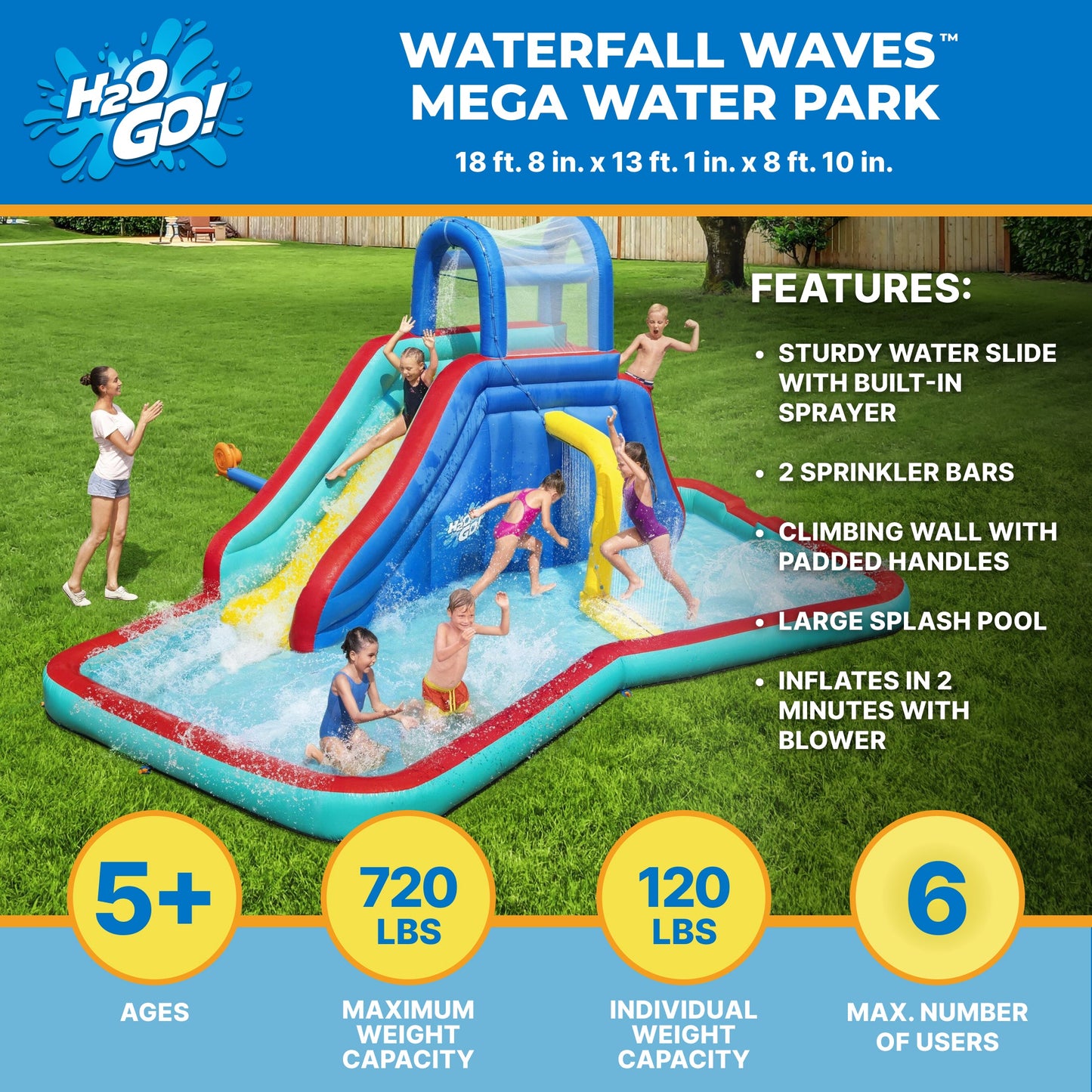 H2OGO! Waterfall Waves Kids Inflatable Water Park 18'8”
