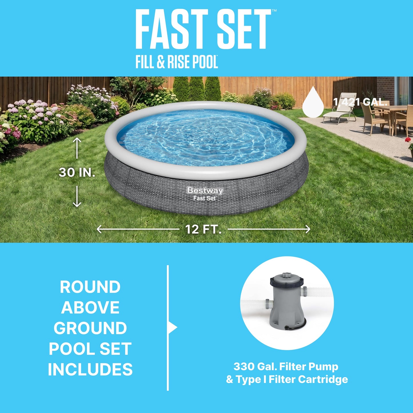 Bestway Fast Set 12' x 30” Inflatable Round Soft Sided Above Ground Pool Set
